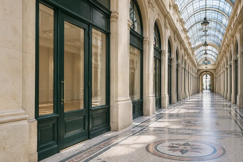 Entrée de commerce sous une galerie couverte, avec porte vitrée et colonnes de pierre.