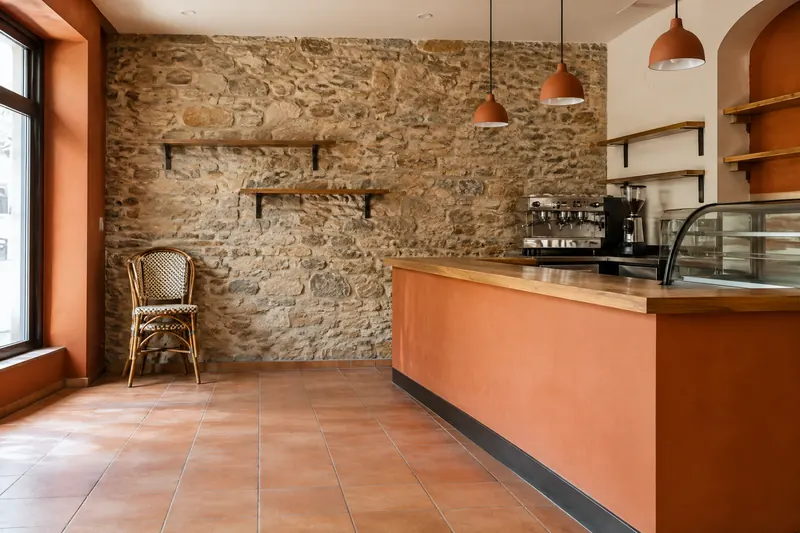 Ancien café vide, avec murs apparents et équipements d’exploitation distincts.
